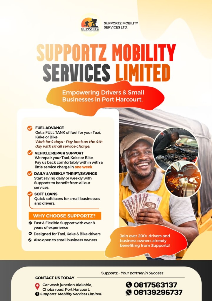 A smiling commercial driver holding naira notes beside a yellow vehicle, with a mechanic working on an engine in a circular inset