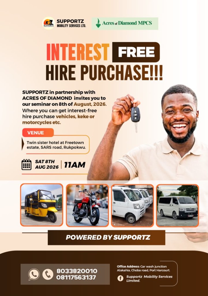 Supportz and Acres of Diamond MPCS flyer for an interest-free hire purchase seminar, with photos of a keke, motorcycle, and vans